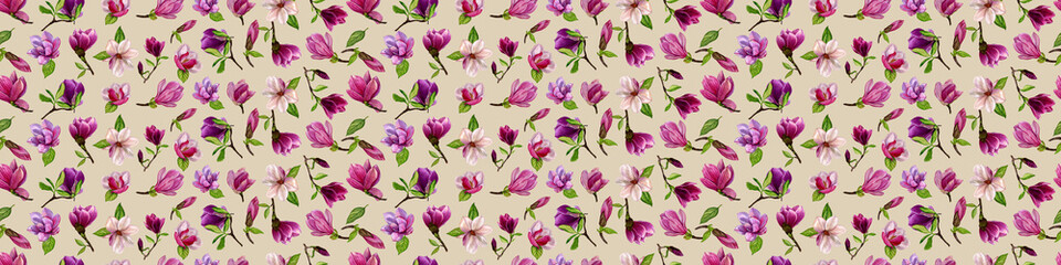 Seamless pattern with magnolia flowers on a coloured background. Hand painted watercolour. Perfect for textiles, wrapping paper, background, etc.
