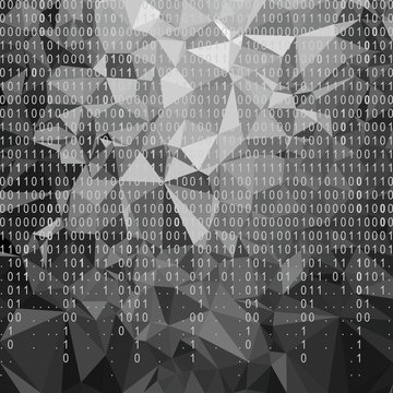 Digital technology polygon wallpaper with falling binary code. Background  composed of triangles. Vector graphic illustration.