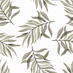Seamless pattern with leaves on a white background. Watercolour illustration hand painted. Beautiful design for wallpapers, textiles, fabrics, wrapping paper, background.