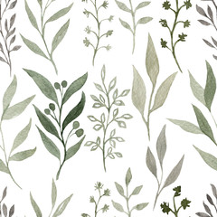 Watercolour seamless pattern with elements of plants. Hand drawn the watercolour texture. Cute design for wallpaper, textile, fabric, background.