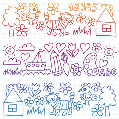 Kindergarten pattern, drawn kids garden elements pattern, doodle drawing, vector illustration, colorful, white, gradient, care