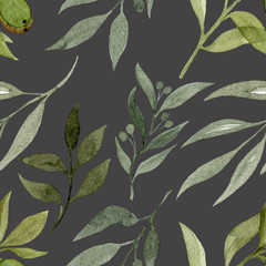 Watercolour seamless pattern with elements of plants on grey background. Watercolour illustration of hand painted. Cute design for wallpaper, textile, fabric, wrapping paper, background. 