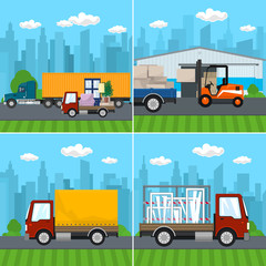 Set of Transport , Logistics and Storage Services , Warehouse with Forklift , Trucks with Furniture and Windows on the Road , Shipping and Freight of Goods, Vector Illustration