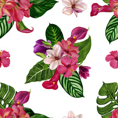 Watercolour illustration hand painted. Seamless tropical pattern with exotic flowers. Perfect for textiles, wrapping paper, wallpaper, backgrounds, etc.