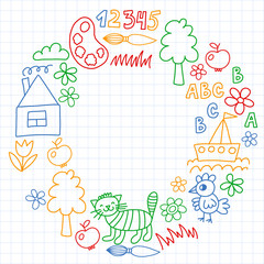 Kindergarten pattern, drawn kids garden elements pattern, doodle drawing, vector illustration, colorful.