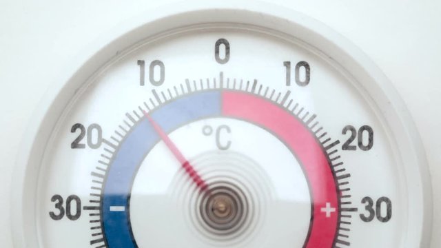 Outdoor thermometer in the snow shows decreasing temperature - cold winter weather change concept