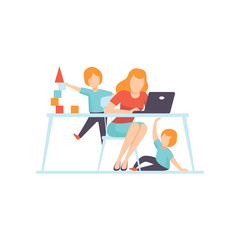 Young Mother Working at Home on Laptop Computer, Her Sons Playing Next to Her, Freelancer, Parent Working with Children, Mommy Businesswoman Vector Illustration