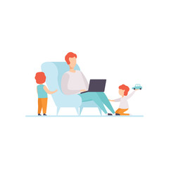 Father Working on Laptop Computer While Sitting on Sofa at Home, His Sons Playing Next to Him, Freelancer, Parent Working with Children, Vector Illustratio