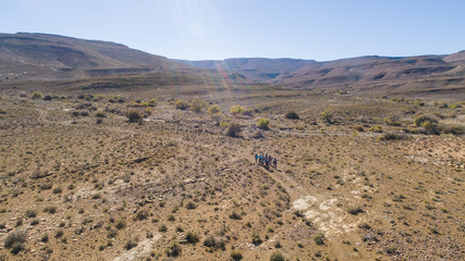 Aerial image of a group of hikers doing a hiking train in the karoo region of south africa