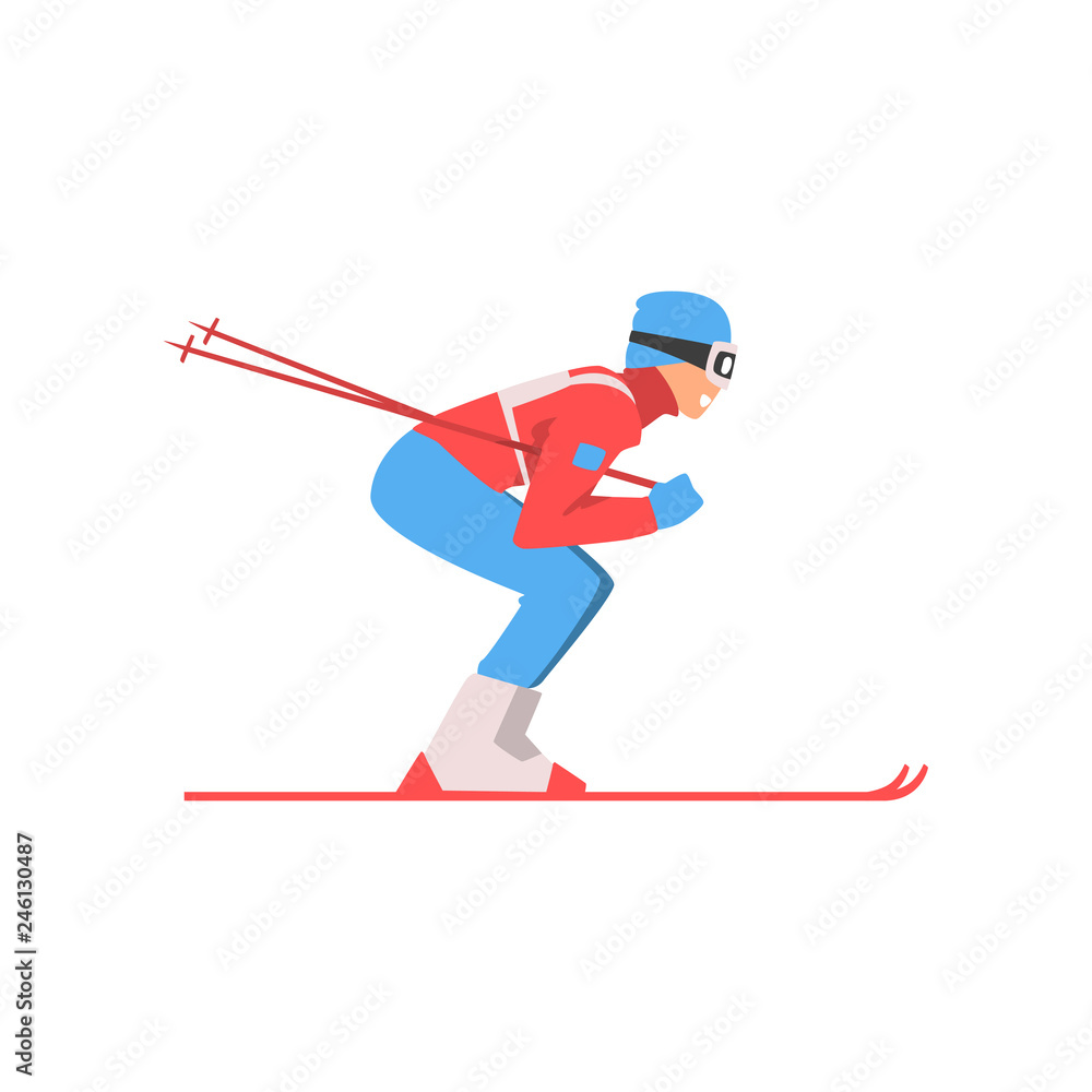 Poster Skiing Sportsman, Male Athlete Character in Sports Uniform and Goggles, Active Sport Healthy Lifestyle Vector Illustration