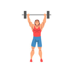 Weightlifter Rising Barbell, Male Athlete Character in Sports Uniform, Active Sport Healthy Lifestyle Vector Illustration