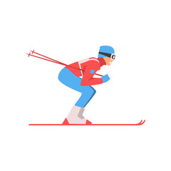 Skiing Sportsman, Male Athlete Character in Sports Uniform and Goggles, Active Sport Healthy Lifestyle Vector Illustration