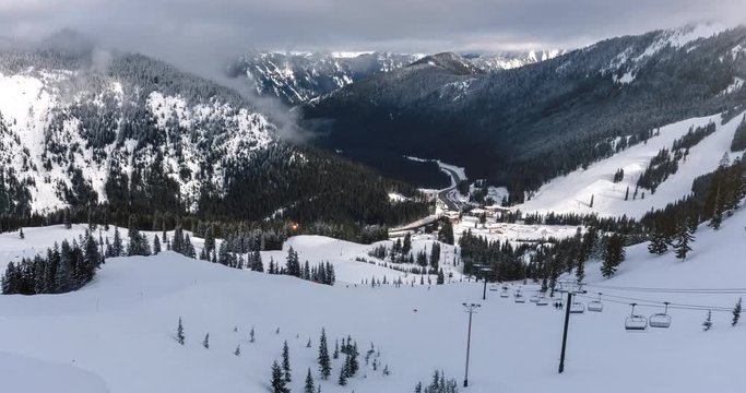 Winter Recreation Resort Timelapse Zoom from Chairlift to Lodge