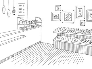 Grocery store shop interior black white graphic sketch illustration vector