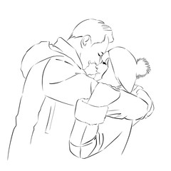 line art of a romantic couple illustration in winter outfit