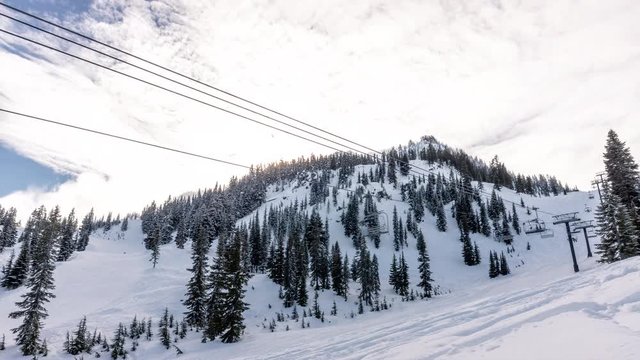 Winter Resort Timelapse of Skiers and Snowboarders Riding Chairlift