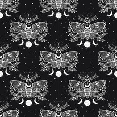 Materiał do szycia Vector seamless pattern with moth butterfly.Hand-draw illustration. Design tattoo art. With mystic and occult hand drawn symbols.