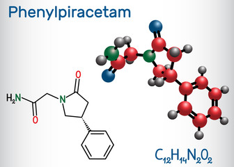 Phenylpiracetam nootropic drug molecule. It is a phenylated analog of the piracetam. Structural chemical formula and molecule model