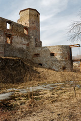 Runy średniowiecznego zamku, z fosą i mostem zwodzonym
