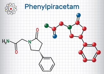 Phenylpiracetam nootropic drug molecule. It is a phenylated analog of the piracetam. Sheet of paper in a cage. Structural chemical formula and molecule model