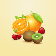 Vector illustration fruits. Juicy orange, red cherry, ripe kiwi, sweet strawberry. Freshness.