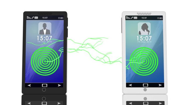 Animazione illustrazione 3D.  Smartphone, uomo e donna al telefono comunicazione. Connessione e cuori si trasmettono amore..