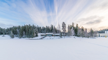 winter landscape, sauna with trees and snow in Finland