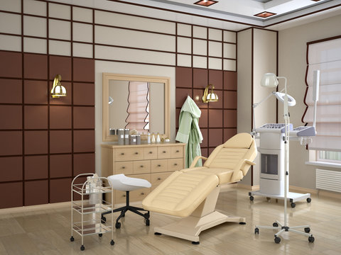 Cozy room with equipment in the clinic of dermatology and cosmetology in the Chinese style. 3d illustration