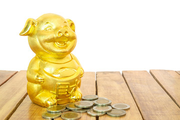 Chinese New Year, Golden pig or Piggy gold and gold coins on the wooden table. Year of the earth pig © LennonPhoto