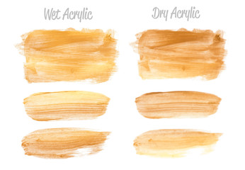 Vector gold paint smear stroke stain set. Abstract gold glittering textured art illustration. Gold Texture Paint Stain Illustration. Hand drawn brush strokes vector elements. Wet, Dry Acrilyc strokes.