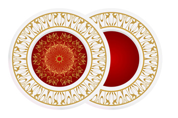 Set of 2 matching decorative plates for interior design. Empty dish, porcelain plate mock up design. Vector illustration. Decorative plates with Mandala ornament patterns. Home decor background.