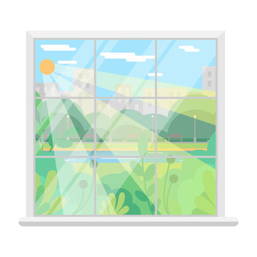 Isolated Vector image of a Window. Sunny day of summer. Window overlooking the park