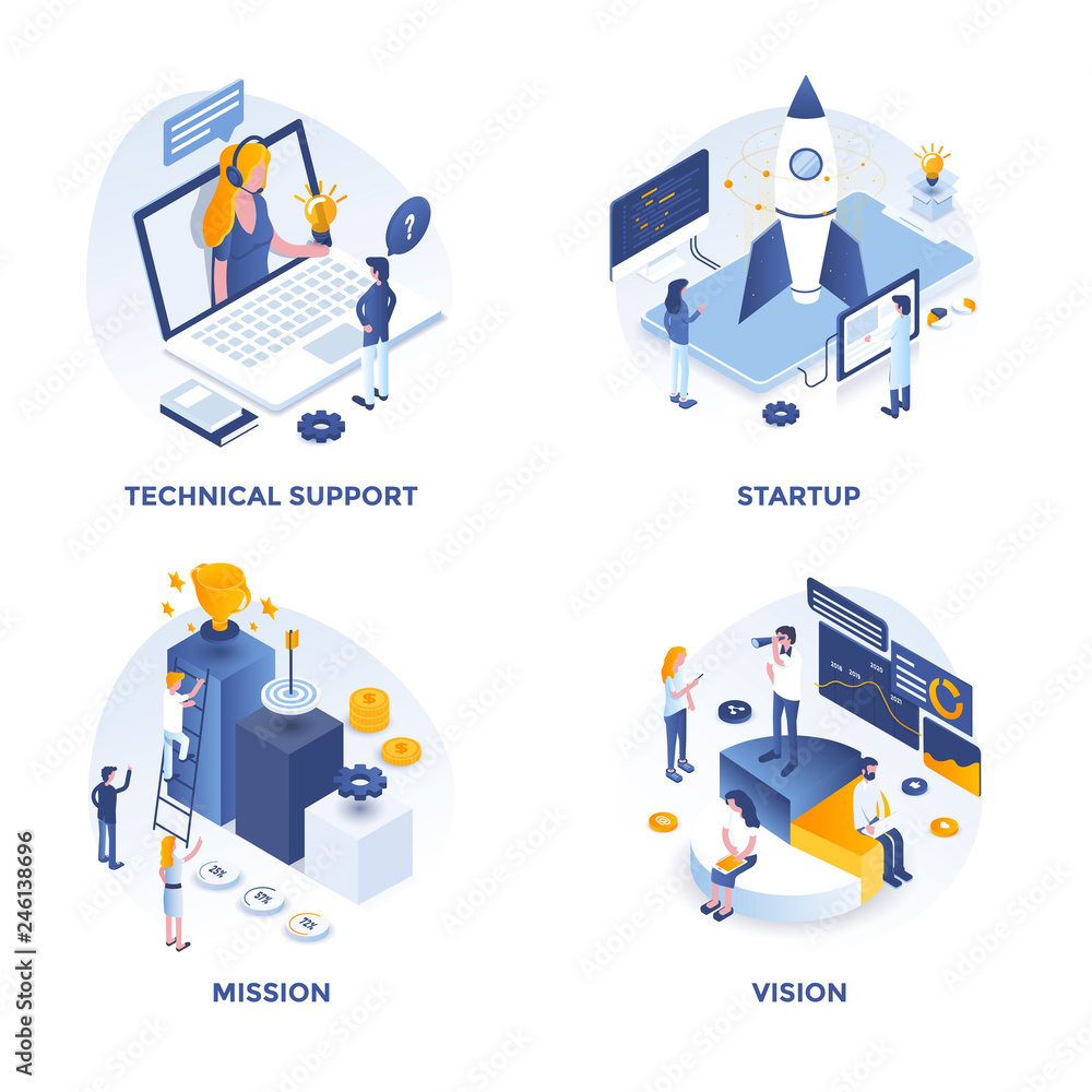 Poster modern flat isometric designed concept icons for technical support, startup, mission and vision. can
