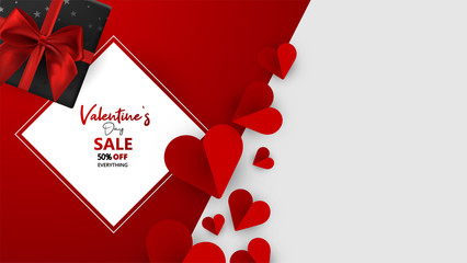 Promo Web Banner for Valentine's Day Sale. Beautiful Background with Red Hearts. Vector Illustration with Seasonal Offer. - Vector