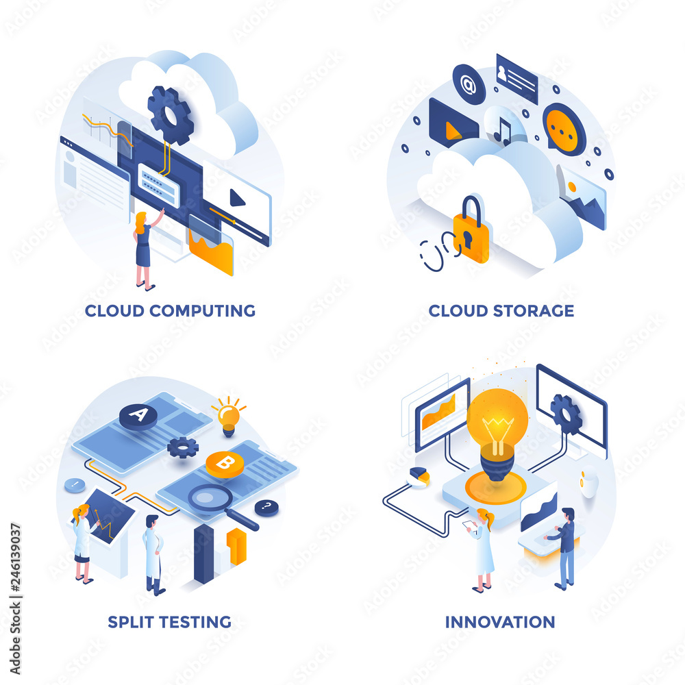 Poster modern flat isometric designed concept icons for cloud computing, cloud storage, split testing and i