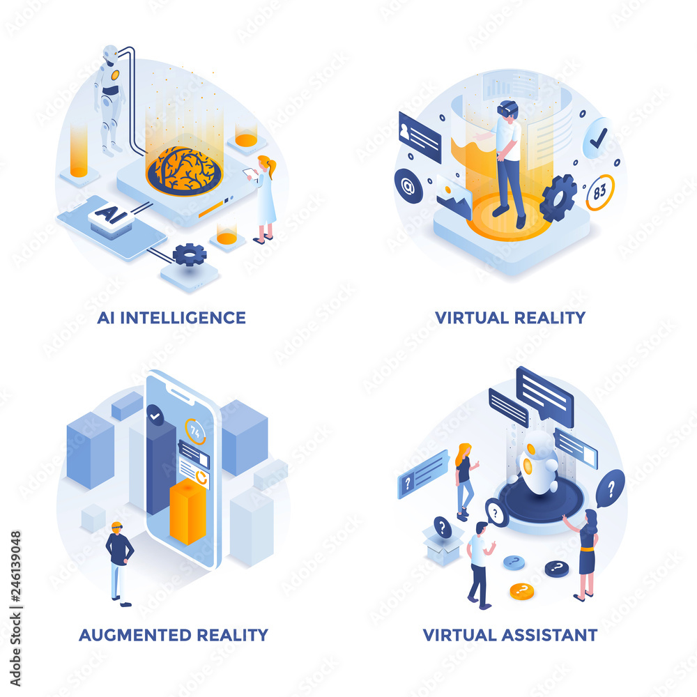 Poster modern flat isometric designed concept icons for ai intelligence, virtual reality, augmented reality
