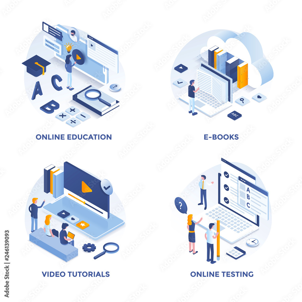 Poster modern flat isometric designed concept icons for online education, e-books, video tutorials and onli