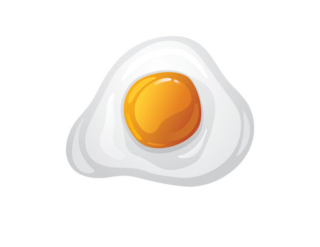 Color vector illustration in cartoon style. Fried egg top view. Scrambled eggs isolated from white background. Cooked chicken eggs for breakfast