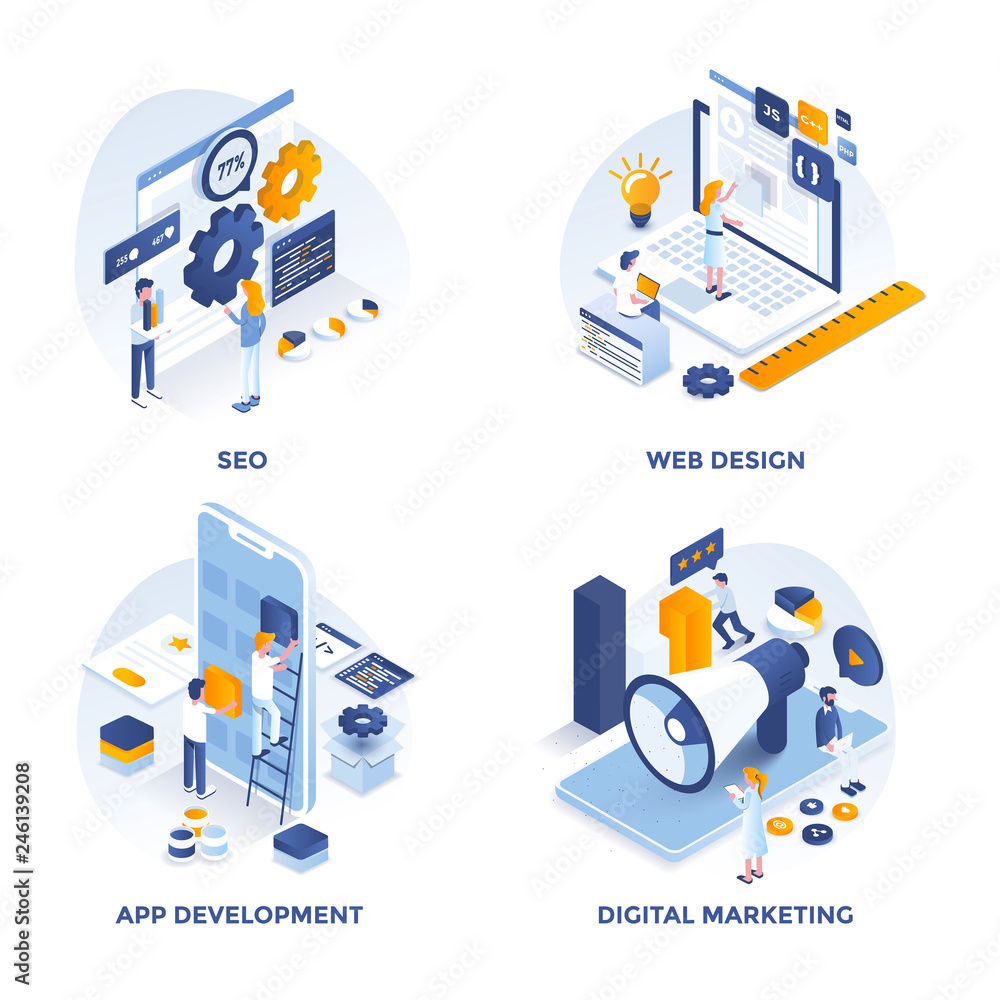 Poster modern flat isometric designed concept icons for seo, web design, apps development and digital marke