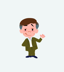 Businessman in casual style waving with a dreamy expression.