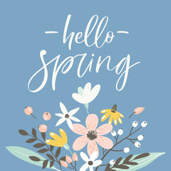 Spring greeting card with lettering and hand drawn flowers.