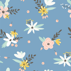 Fototapeta na wymiar Seamless pattern with flowers, leaves and berries. Vector spring template. Design for paper, cover, fabric, interior decor
