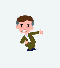 Businessman in casual style shows very angry something to his left.