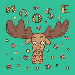 A colored poster with a moose, lettering and stars in a doodle style