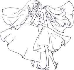 Beautiful cartoon anime wedding illustration of two pretty homosexual women getting married, in love with each other, kissing. Symbol of LGBT happy relationship and marriage