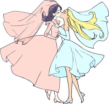 Beautiful cartoon anime wedding illustration of two pretty homosexual women getting married, in love with each other, kissing. Symbol of LGBT happy relationship and marriage