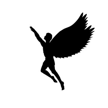 Flying man Icarus silhouette mythology symbol fantasy tale. Vector illustration.