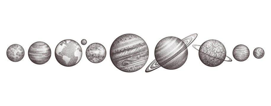Collection of planets in solar system. Engraving style. Vintage elegant science set. Sacred geometry, magic, esoteric philosophies, tattoo, art. Isolated hand-drawn vector illustration.