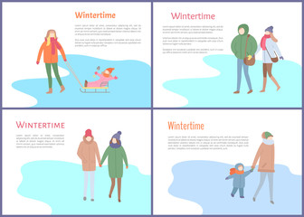 Wintertime mother with kid sitting on sledges vector. Family spending time together, mom and child, couple man and woman in winter season outdoors