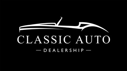 Classic retro style sports car dealership logo. Vintage convertible auto garage vehicle silhouette icon. Vector illustration. - obrazy, fototapety, plakaty
